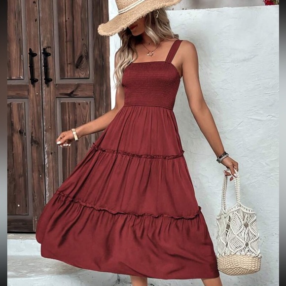 boho shirred bust Frill Trim tiered Cami midi Dress square neck maroon - Picture 1 of 9